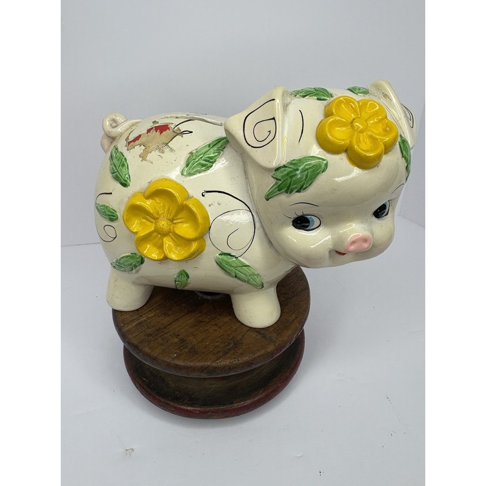 Vtg Plastic Piggy Bank Flowers Stopper White Yellow Whimsical Textured